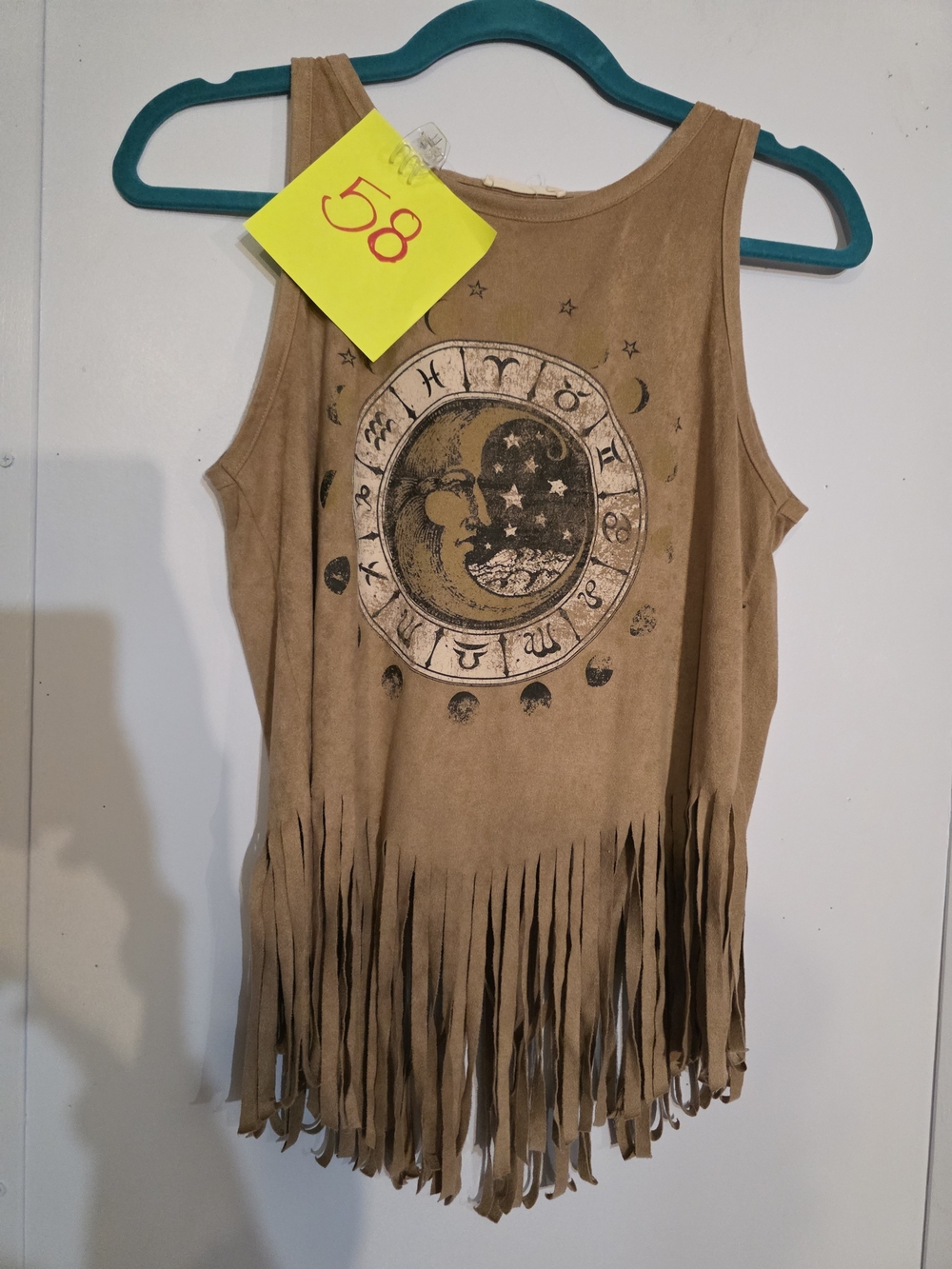 Girls' Brown Fringe Tank Top with Moon & Stars Graphic